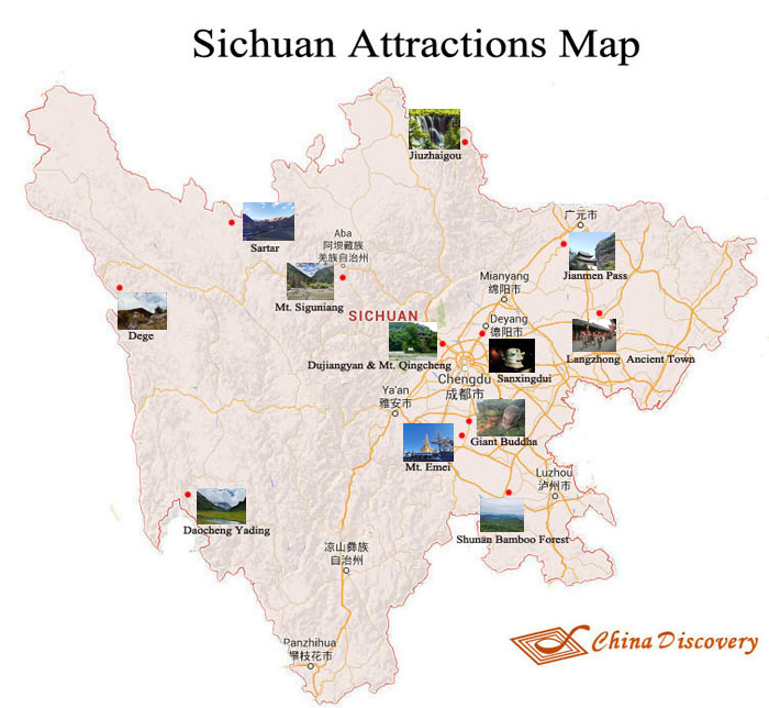 Sichuan Attractions Map Sichuan Attractions Map